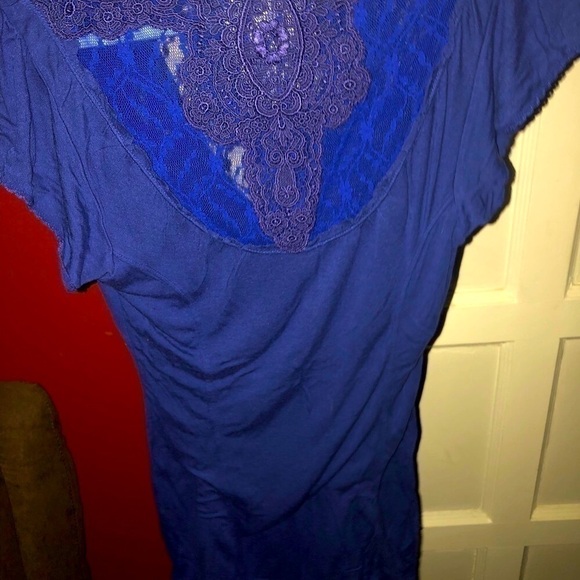 Free People Brand Crochet Lace Blue Tee - Picture 5 of 7